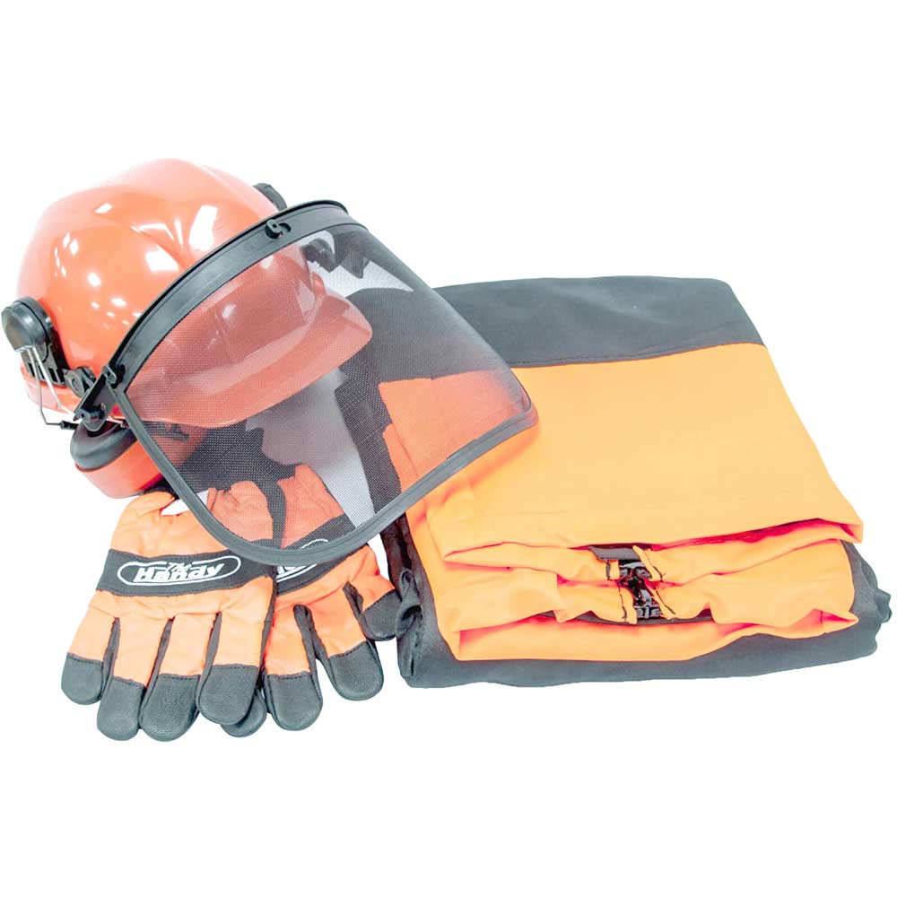 Handy Chain Saw Safety Helmet & Visor with Ear Muffs, Chaps & Gloves