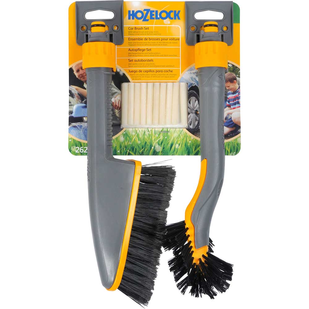 Image of Hozelock Short Car Care Brush & Car Wheel Brush for Hose Pipes with Shampoo Soap Sticks
