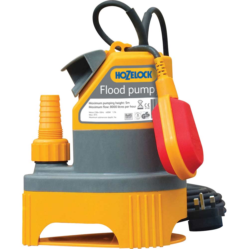 Image of Hozelock 2 In 1 Submersible Flood & Dirty Water Pump with Float Switch 6 Metre Lift 6000 Litres Hour Max Flow 240v
