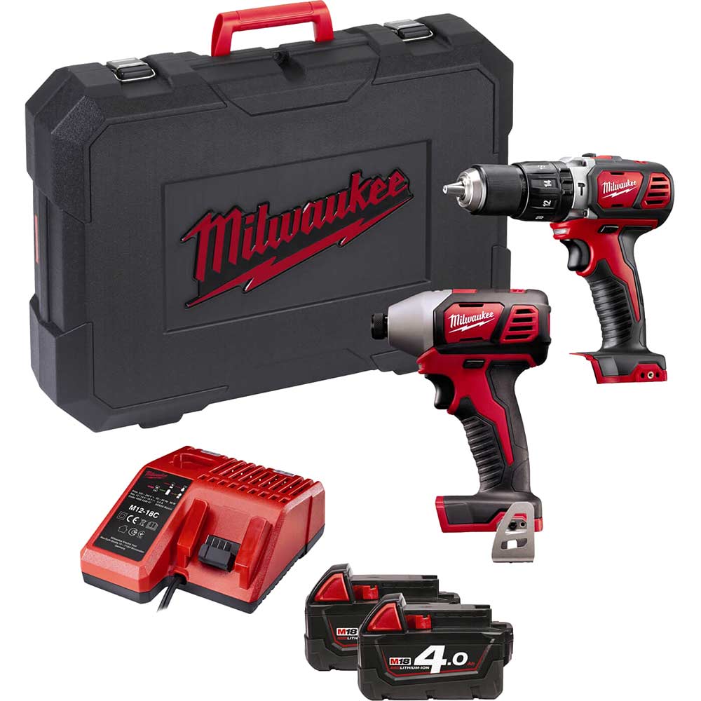 Image of Milwaukee M18BPP2C Compact Combi Drill & Impact Driver with Jacket & 37 Piece Bit Set & 2 Lithium Ion Batteries 4ah