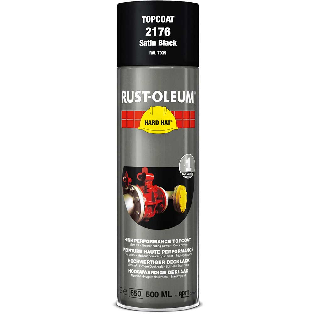 Image of Rust Oleum 2176 Hard Hat Black Satin Aerosol Metal Spray Paint 500ml