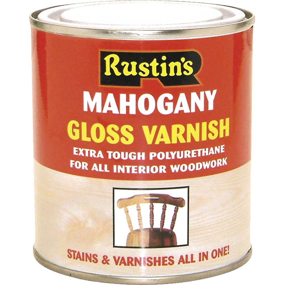 Image of Rustins Polyurethane Varnish & Stain Gloss Mahogany 500ml