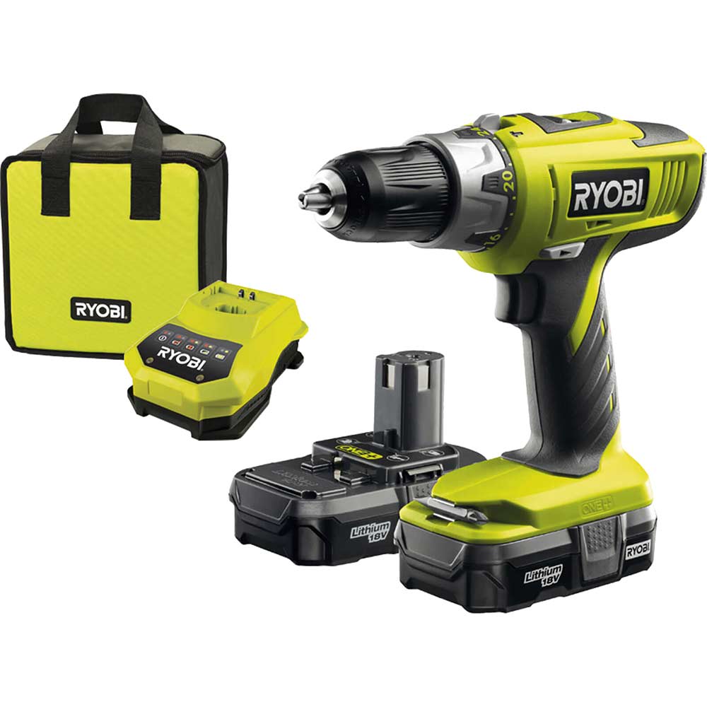 Image of Ryobi LLCDI18022 ONE+ 18v Cordless Combi Drill with 2 Lithium Ion Batteries 1.3ah