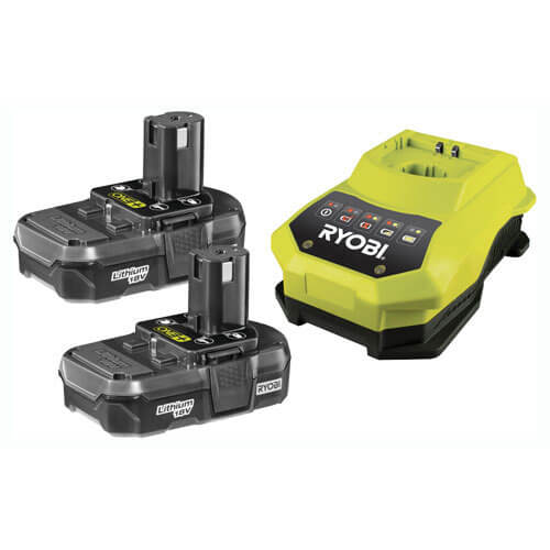 Ryobi RBC18LL13 18v Cordless Lithium Ion Slim Batteries 1.3ah Pack of 2 with Super Charger for ONE+ 