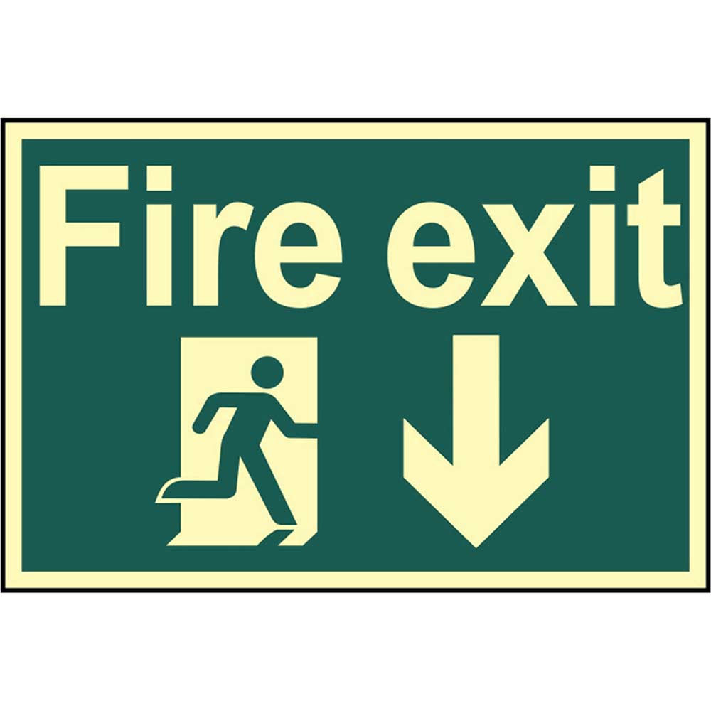 Scan 300 x 200mm Photoluminescent Sign - Fire Exit Running Man Arrow Down