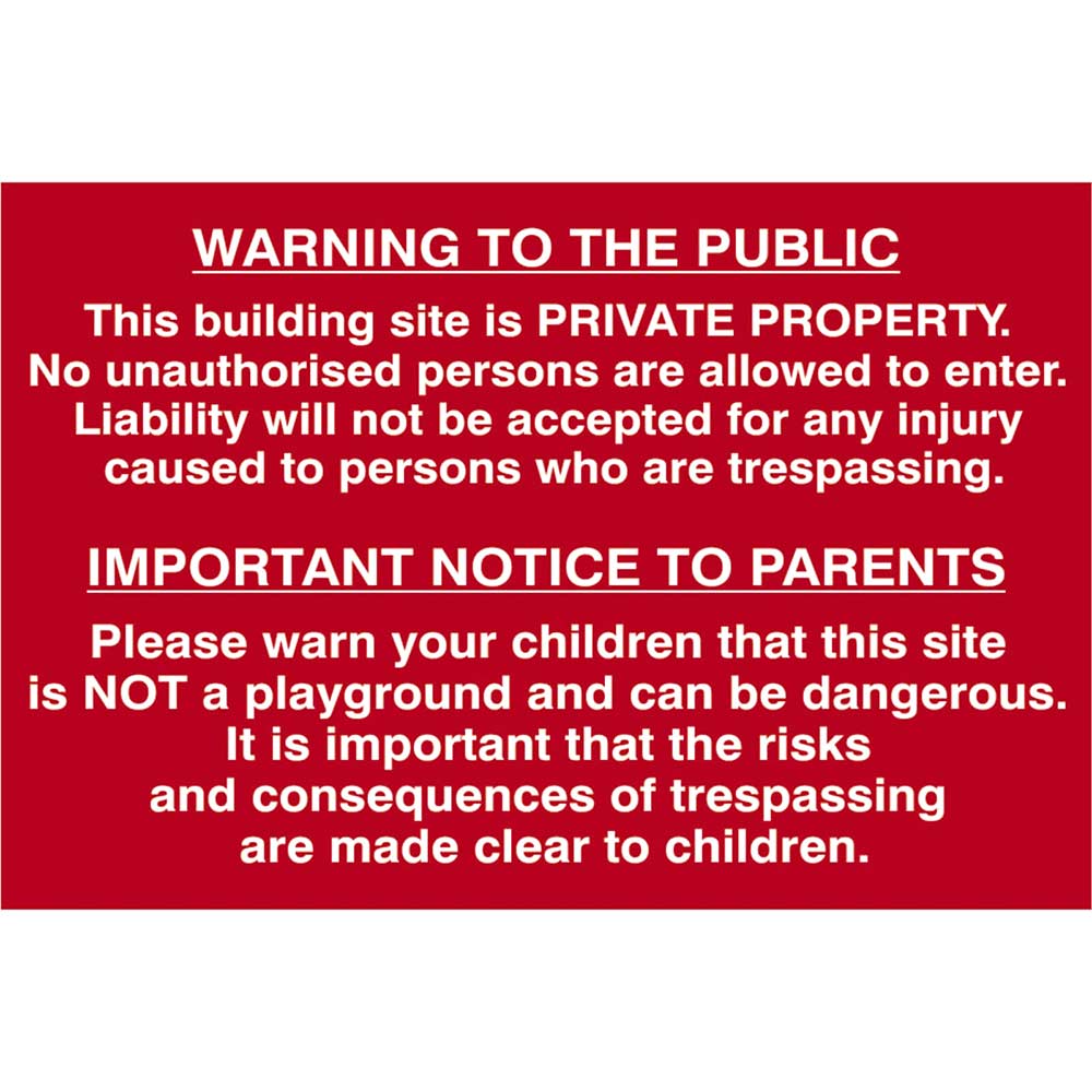 Image of Scan 600 x 400mm PVC Sign - Building Site Warning To Public And Parents