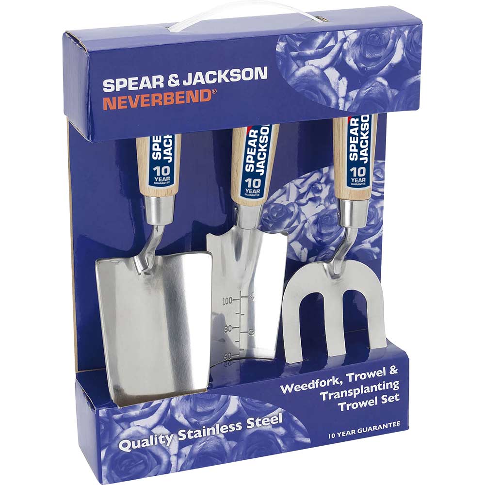 Spear & Jackson Neverbend Stainless Steel 3 Piece Hand Trowel & Weedfork & Set