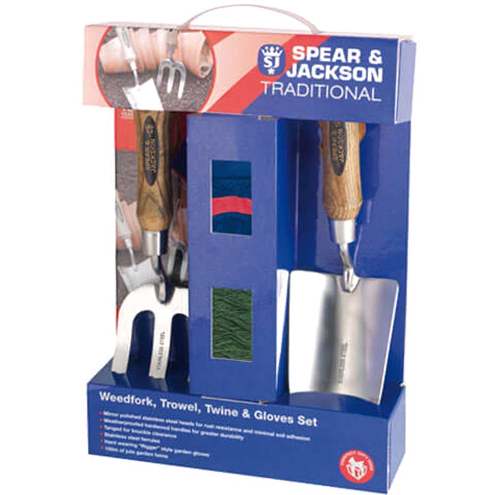 Image of Spear & Jackson Traditional Stainless Steel 2 Piece Hand Trowel & Weedfork Set with Twine & Gloves