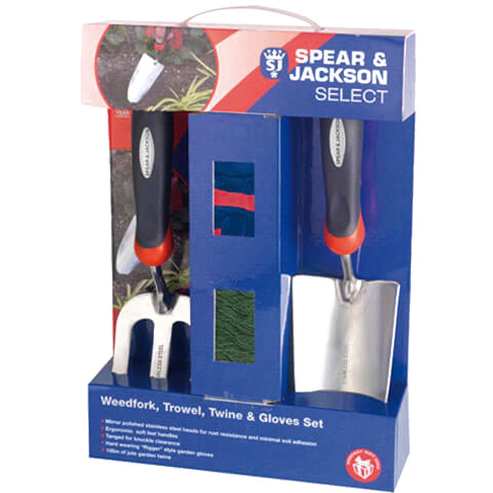 Image of Spear & Jackson Select Stainless Steel 2 Piece Hand Trowel & Weedfork Set with Twine & Gloves