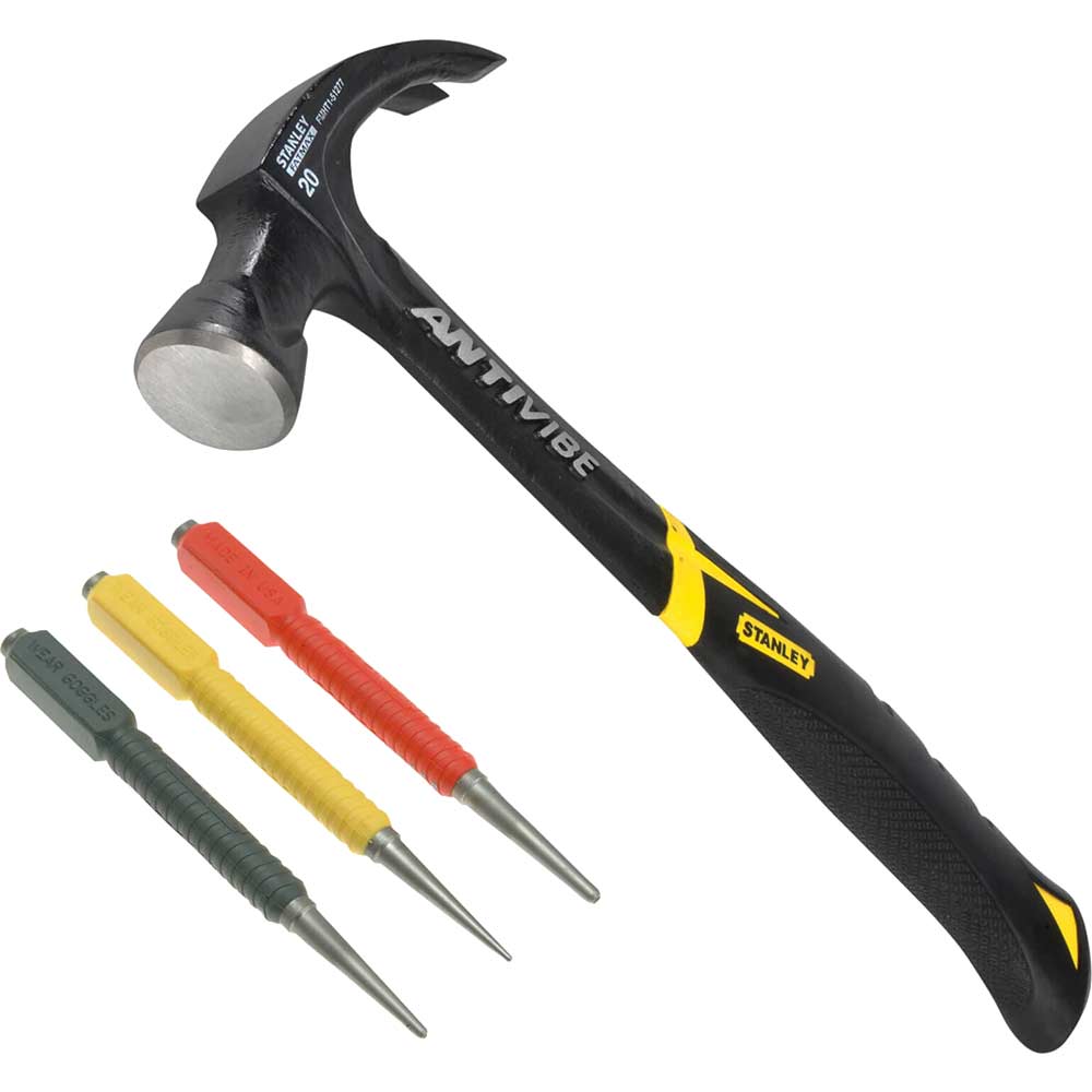 Image of Stanley Anti Vibration Claw Hammer 20oz with 3 Piece Nail Punch Set