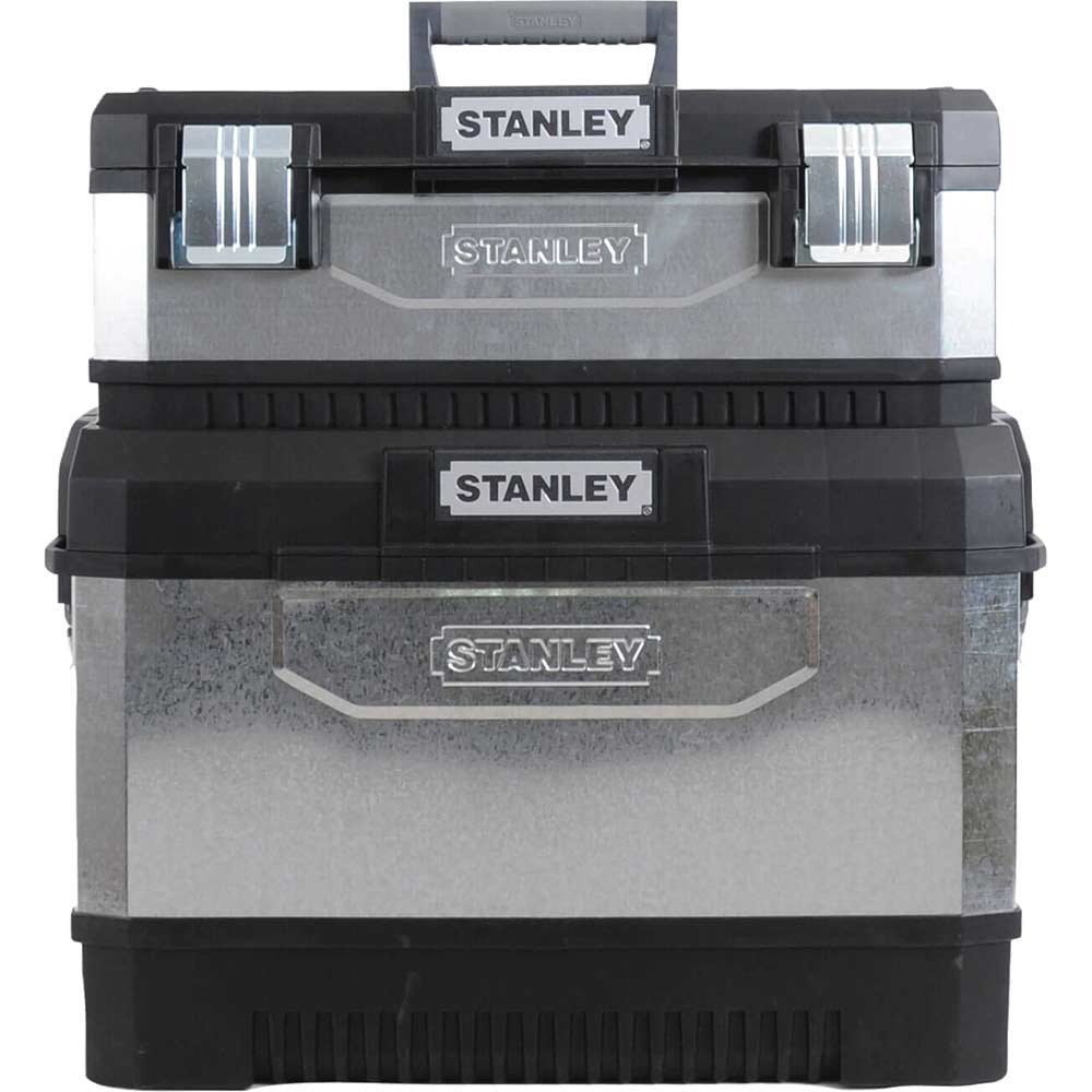 Image of Stanley Galvanised Metal Rolling Work Centre Tool Box with Wheels Grey & Black 575mm / 23&quot;