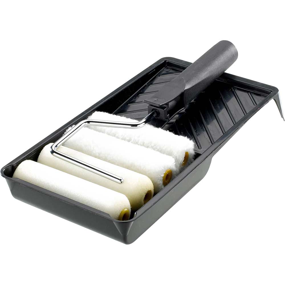 Image of Stanley 100mm / 4&quot; Paint Roller Tray Kit with 4 Paint Roller Sleeves