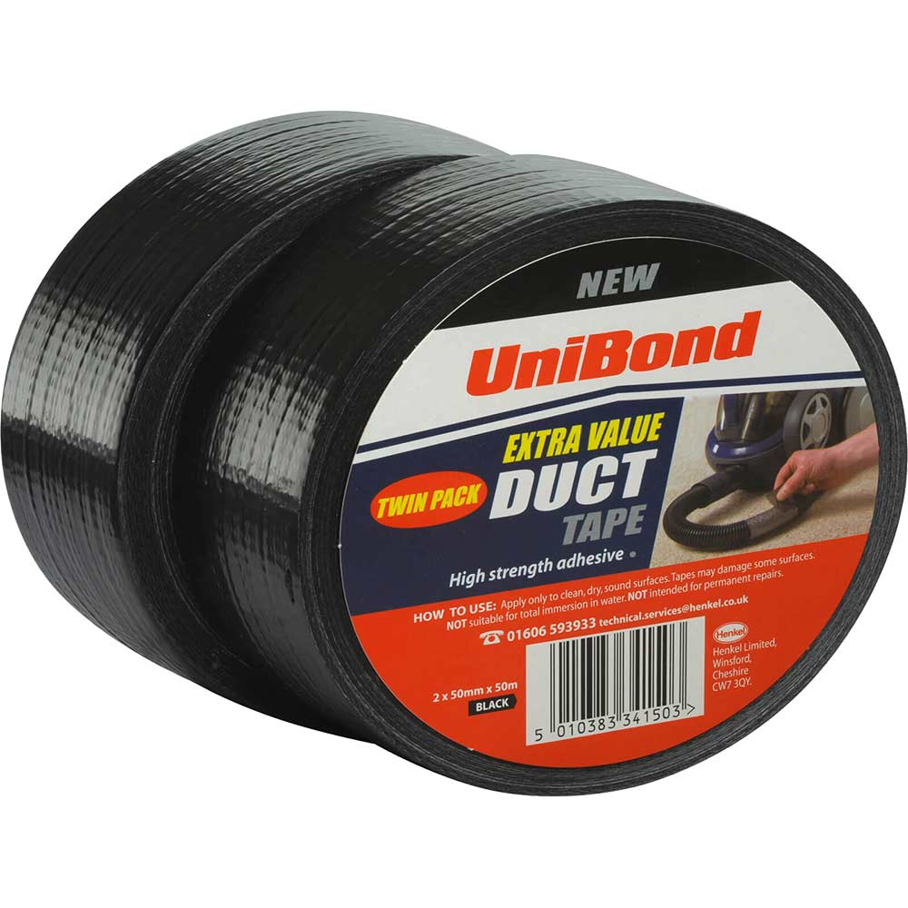 Image of Unibond Duct Tape Black 50mm x 50 Metre Roll Pack of 2