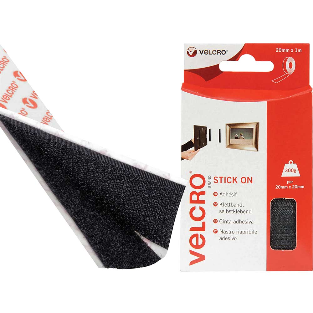 Velcro Black Stick On Tape 20mm x 1 Metre Roll