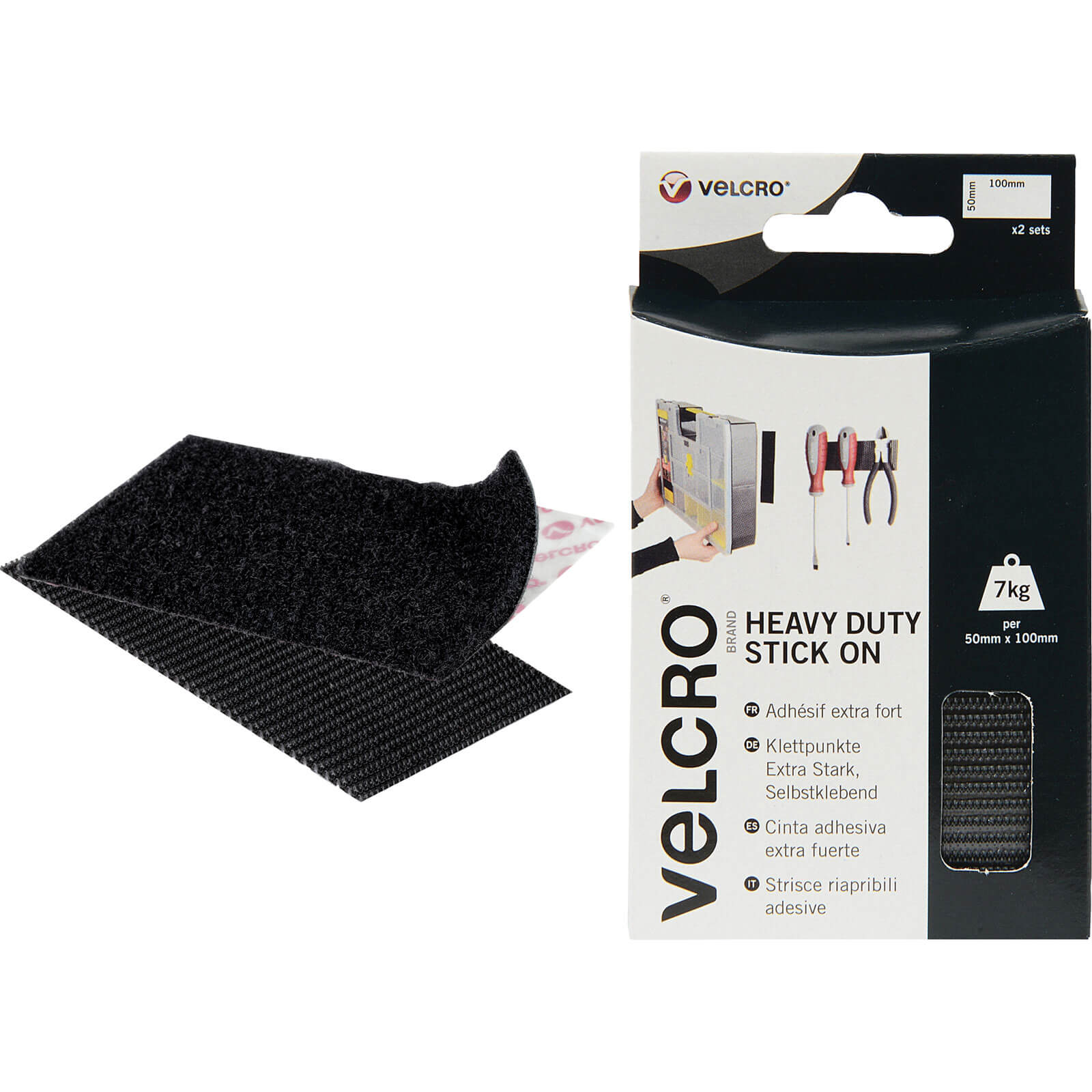 Velcro Black Heavy Duty Stick On Strips 50 x 100mm Pack of 2