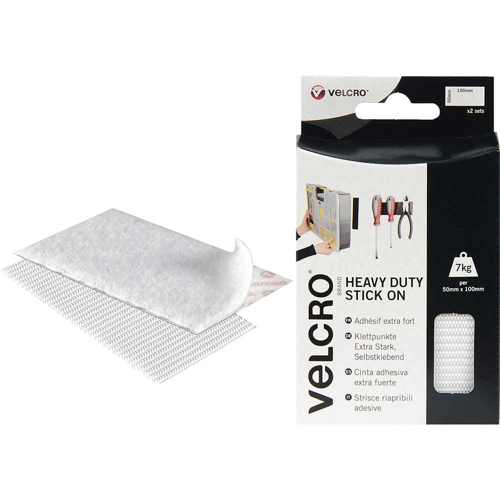 Velcro White Heavy Duty Stick On Strips 50 x 100mm Pack of 2