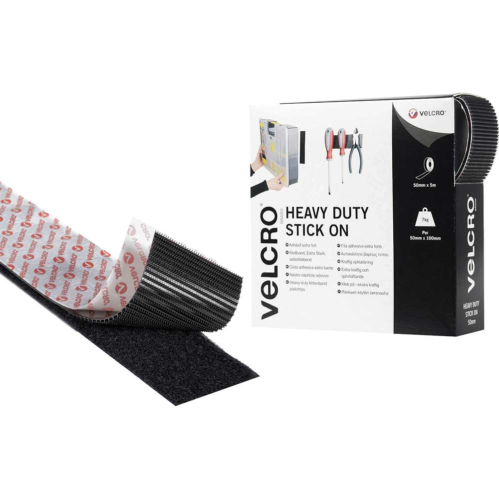 Velcro Black Heavy Duty Stick On Tape 50mm x 5 Metre Roll