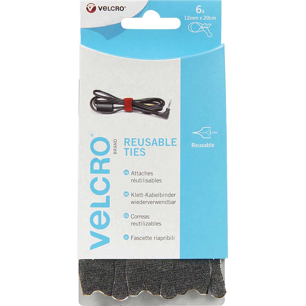 Velcro Black Adjustable Ties 12 x 200mm Pack of 6