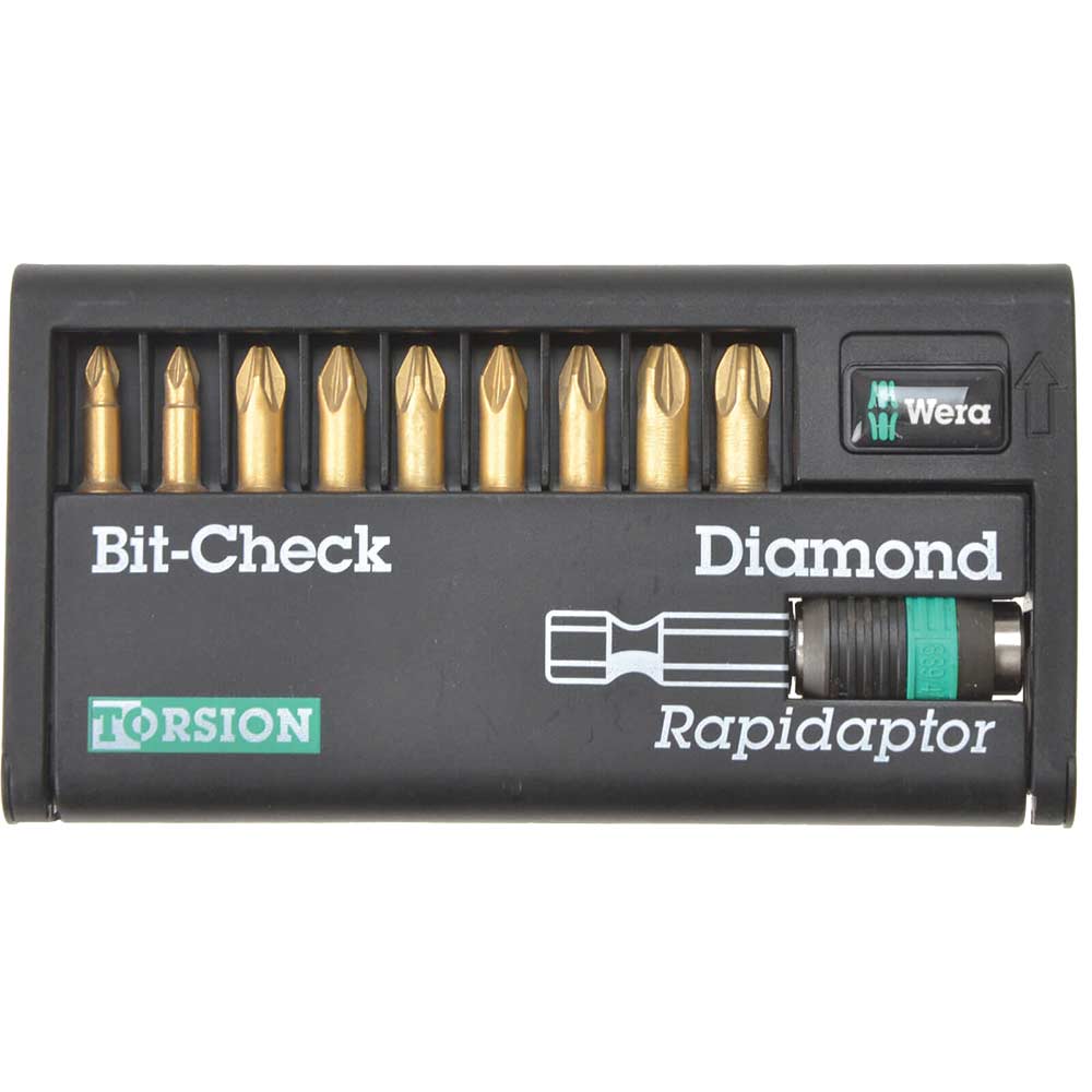 Image of Wera Rapidaptor Torsion Bit Check 10 Piece Diamond Pozi Bit Set