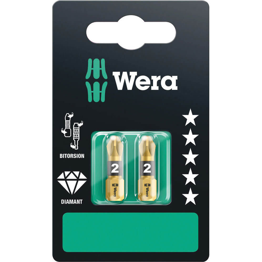 Photo of Wera Bitorsion Diamond Pozi Screwdriver Bits Pz2 25mm Pack Of 2