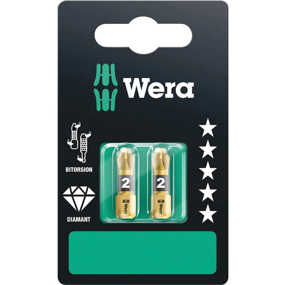 Photo of Wera Bitorsion Diamond Pozi Screwdriver Bits Pz2 25mm Pack Of 2