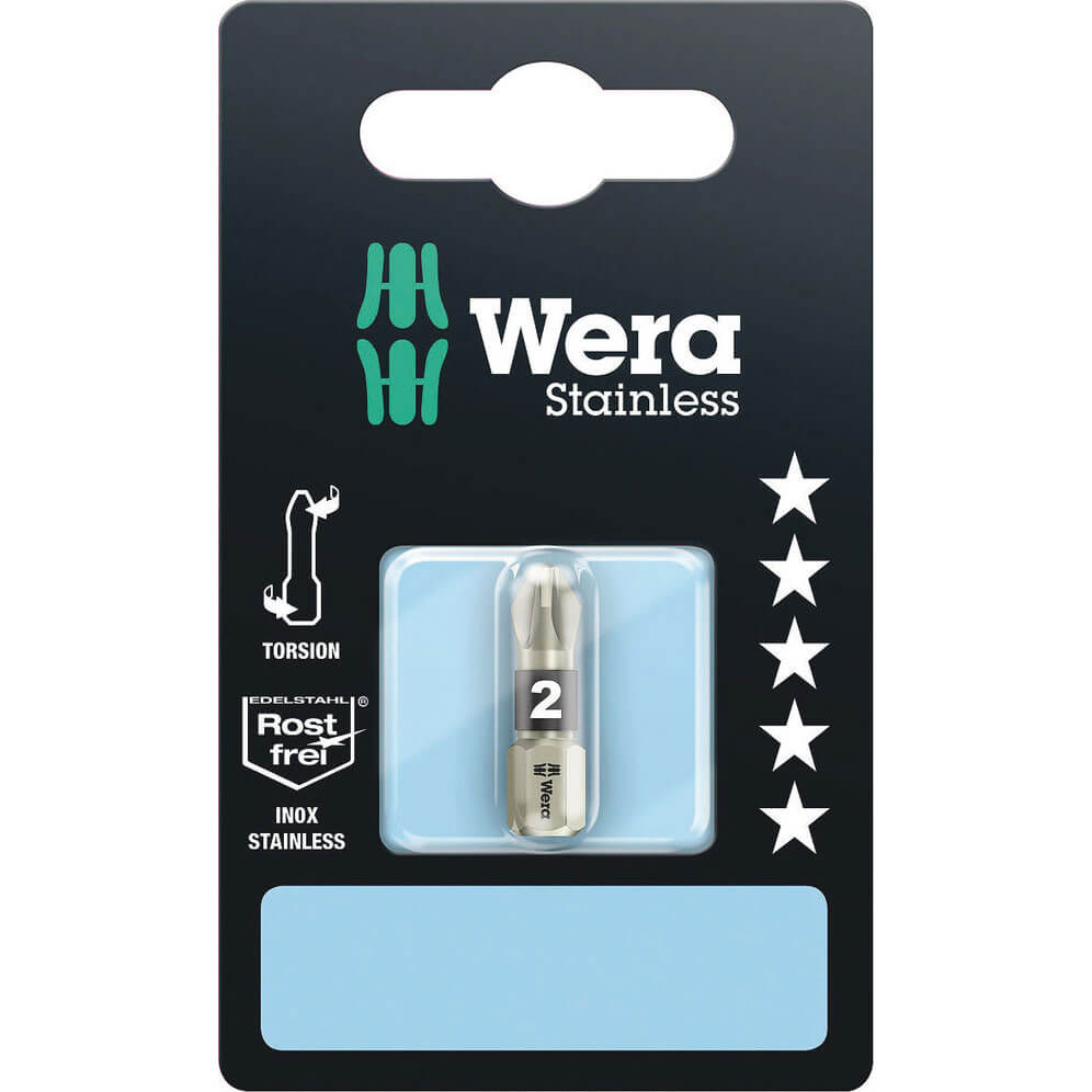 Image of Wera Torsion Stainless Steel Pozi Screwdriver Bit PZ2 25mm Pack of 1