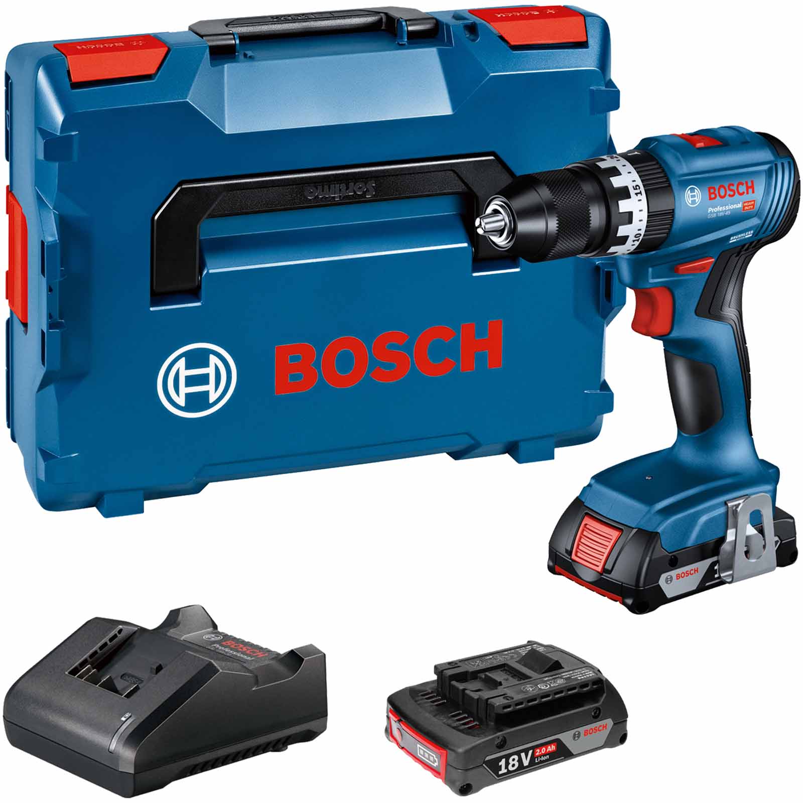 Bosch GSB 18V-45 18v Cordless Brushless Combi Drill 2 x 2ah Li-ion Charger Case