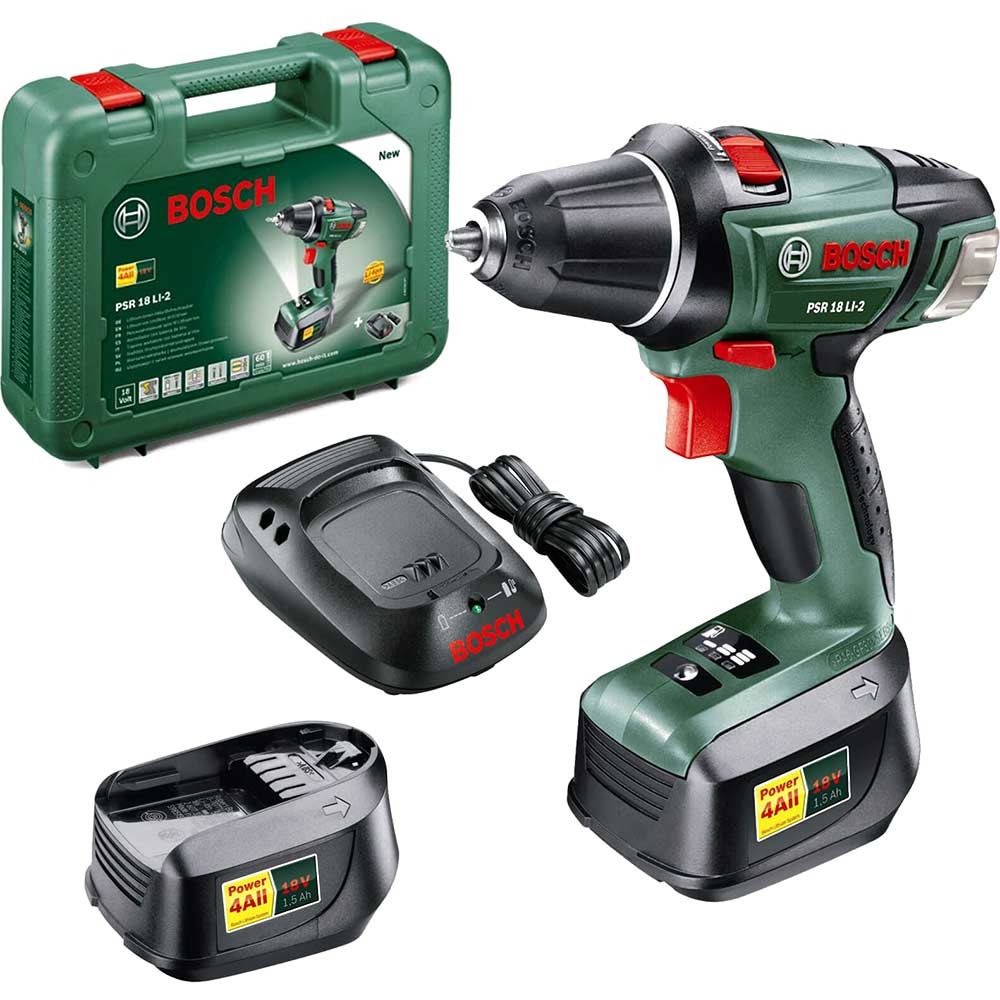 Bosch POWER4ALL PSR 18 LI2 18v Cordless Compact Drill Driver with 2 Liion Batteries 1.5ah
