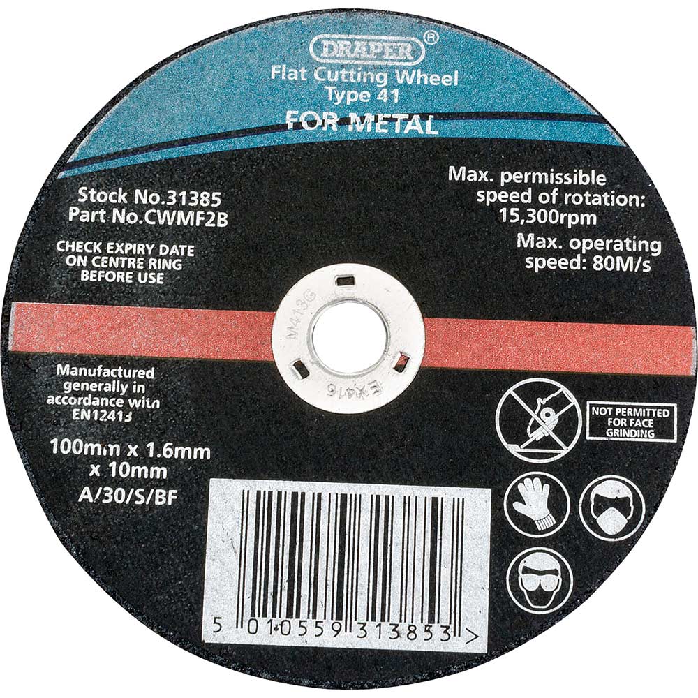 Draper 10mm Bore Flat Angle Grinder Cutting Disc for Metal Cutting Discs