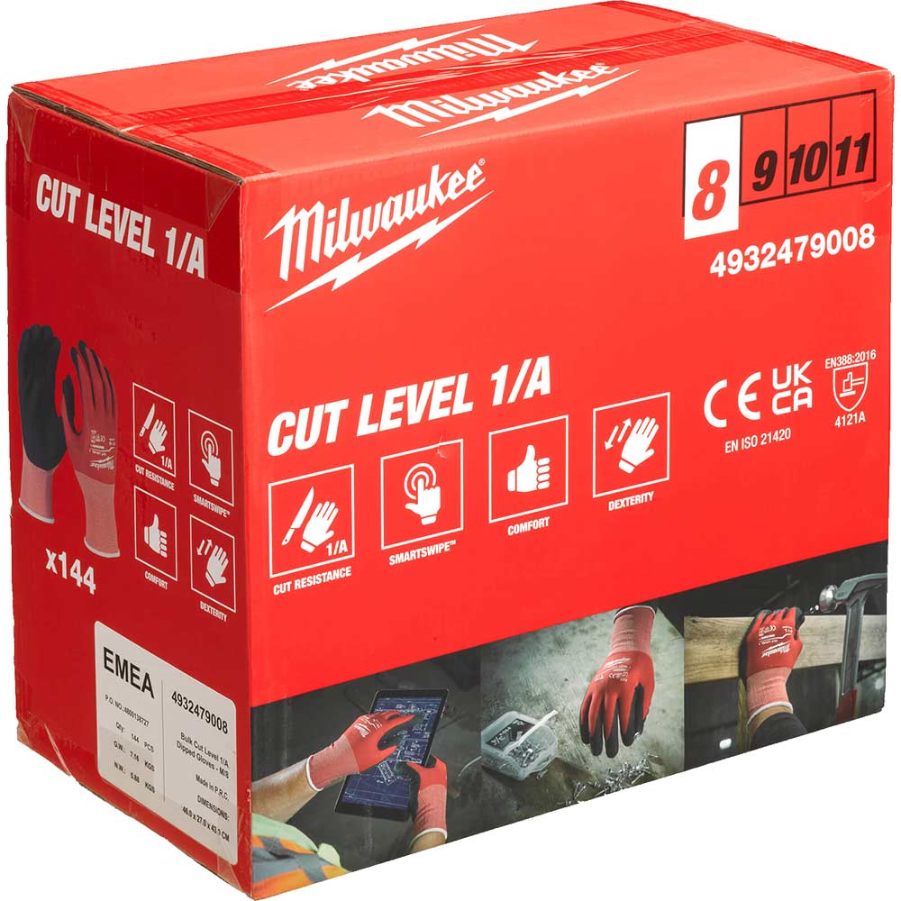 Image of Milwaukee Cut Level 1 Dipped Work Gloves Black / Red M Pack of 144