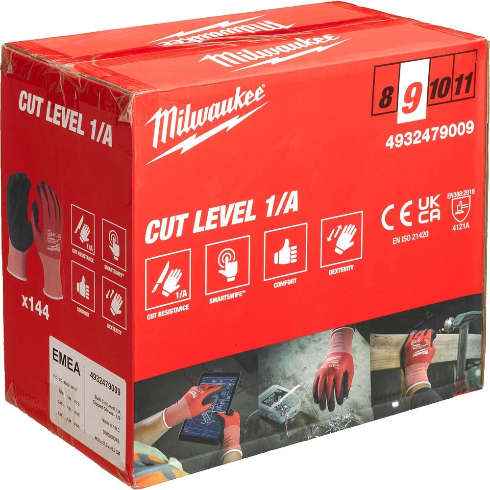 Image of Milwaukee Cut Level 1 Dipped Work Gloves Black / Red L Pack of 144