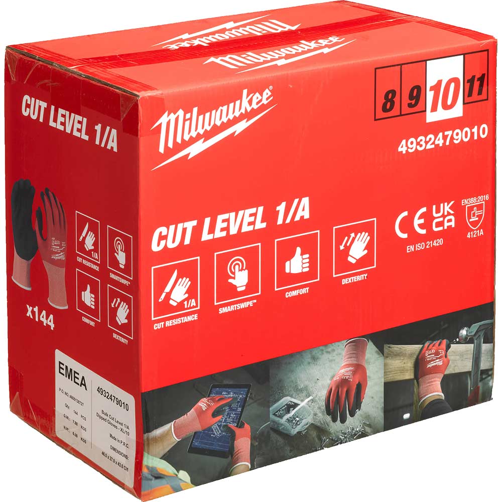 Image of Milwaukee Cut Level 1 Dipped Work Gloves Black / Red XL Pack of 144