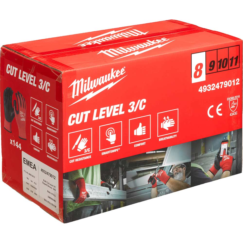 Image of Milwaukee Cut Level 3 Dipped Work Gloves Black / Red M Pack of 144