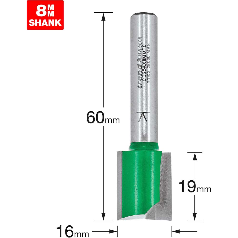 Photo of Trend Craftpro Two Flute Straight Router Cutter 16mm 19mm 8mm