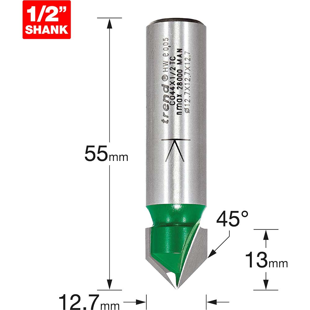 Image of Trend CRAFTPRO Chamfer V Grovve Router Cutter 12.7mm 13mm 1/2"