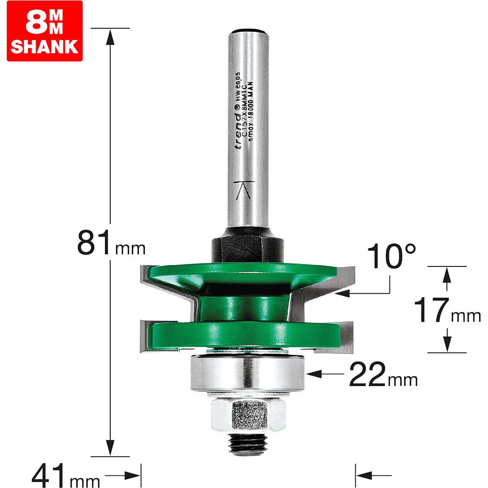 Photo of Trend Craftpro Bearing Guided Combination Raised Bevel Router Cutter 41mm 17mm 8mm