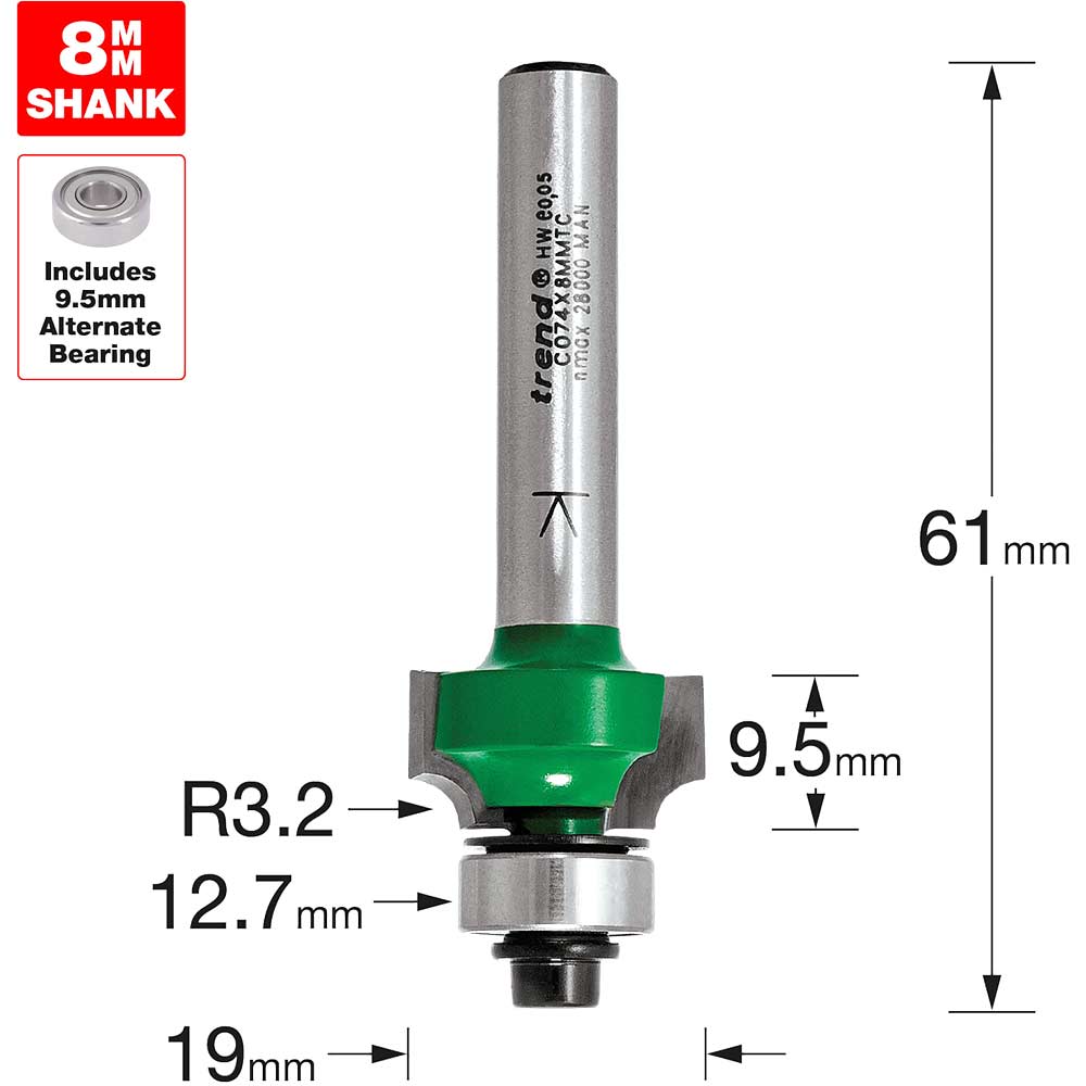Photo of Trend Craftpro Bearing Guided Round Over And Ovolo Router Cutter 19mm 9.5mm 8mm