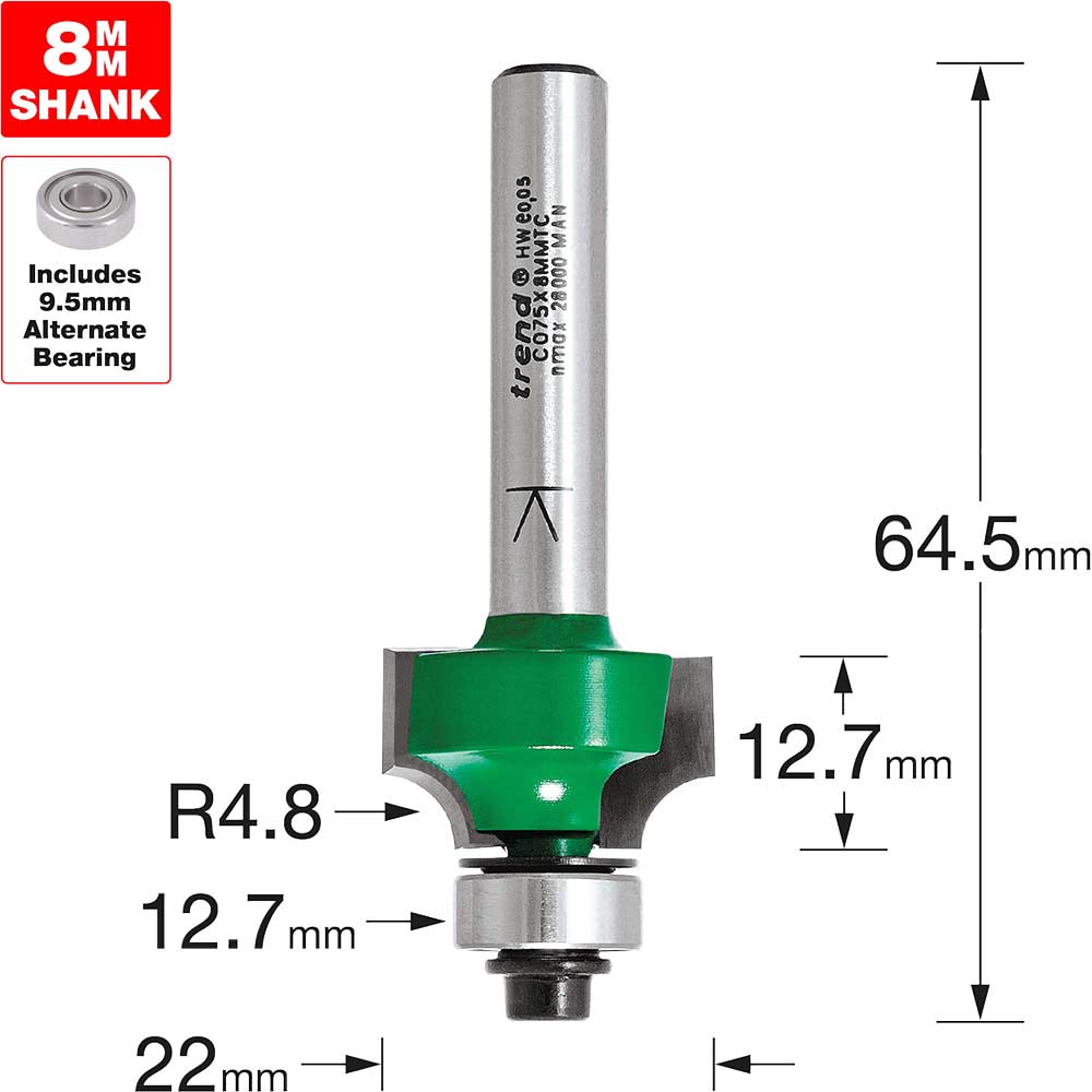 Photo of Trend Craftpro Round Over And Ovolo Router Cutter 22mm 12.7mm 8mm