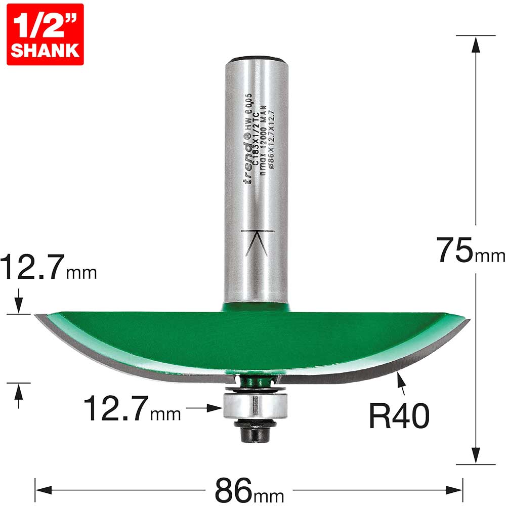 Photo of Trend Craftpro Bearing Guided Large Radius Panel Raiser Router Cutter 86mm 12.7mm 1/2