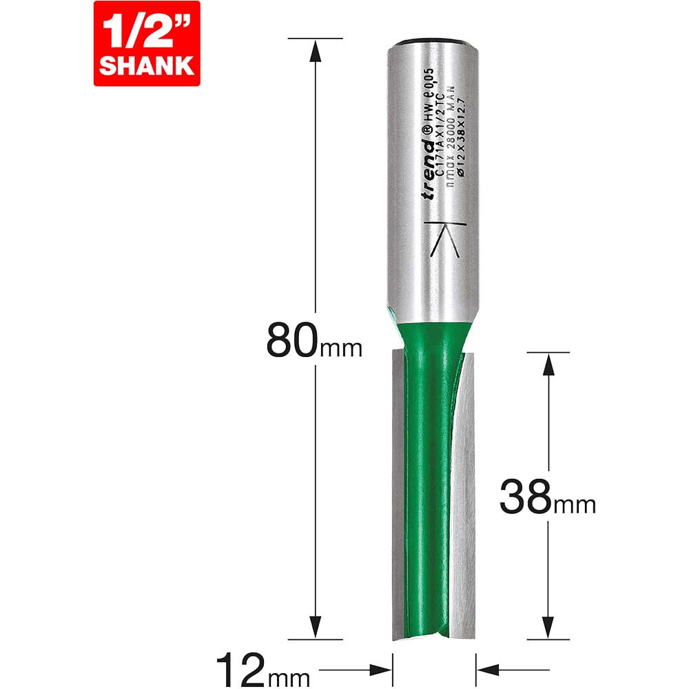 Photo of Trend Craftpro Two Flute Straight Router Cutter 12mm 38mm 1/2
