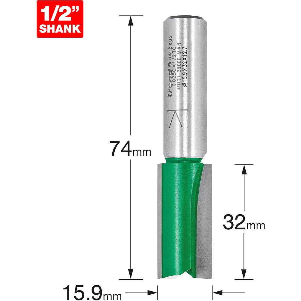 Photo of Trend Craftpro Two Flute Straight Router Cutter 15.9mm 32mm 1/2
