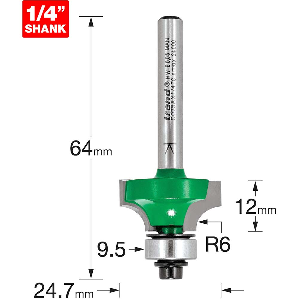Photo of Trend Craftpro Bearing Guided Round Over And Ovolo Router Cutter 24.7mm 12mm 1/4