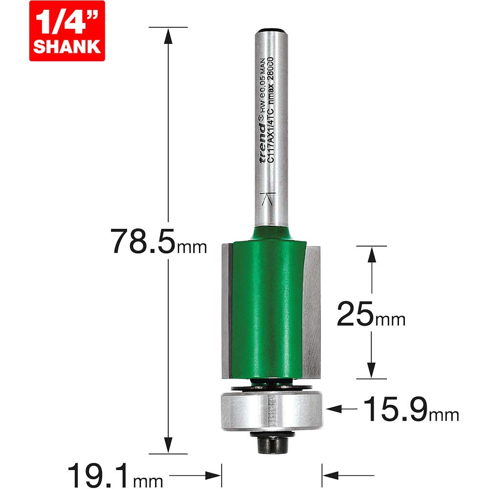 Photo of Trend Craftpro Bearing Guided Trimmer Router Cutter 19.1mm 25mm 1/4