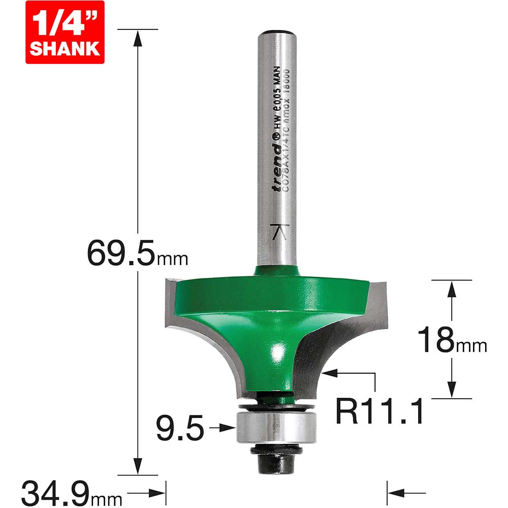Photo of Trend Craftpro Bearing Guided Round Over And Ovolo Router Cutter 34.9mm 18mm 1/4