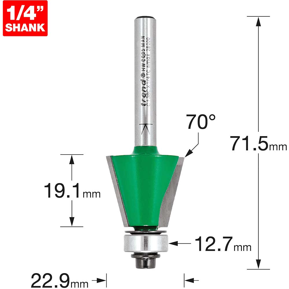 Image of Trend CRAFTPRO Bearing Guided Bevel Router Cutter 22.9mm 19.1mm 1/4"