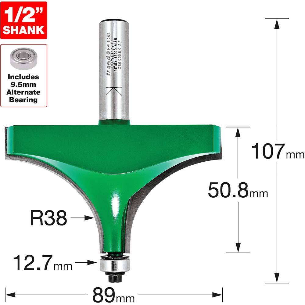 Image of Trend CraftPro Bearing Guided Round Over and Ovolo Router Cutter 89mm 50.8MM 1/2"