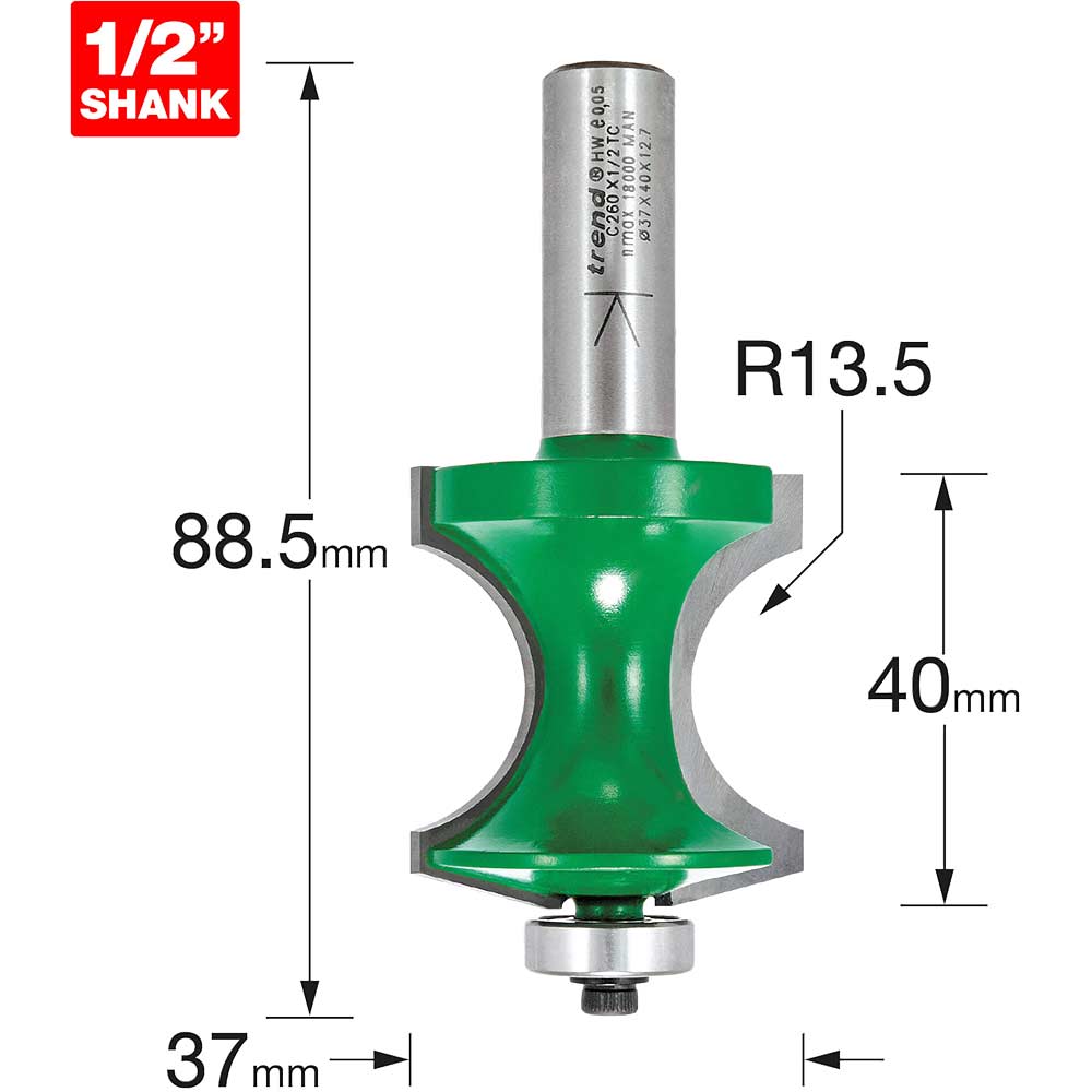 Photo of Trend Craftpro Bearing Guided Traditional Torus Router Cutter 37mm 40mm 1/2