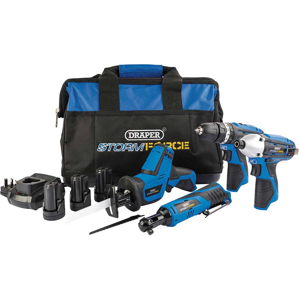 Draper Storm Force 108v Cordless 4 Piece Power Tool Kit 3 x 15ah Li-ion Charger Bag