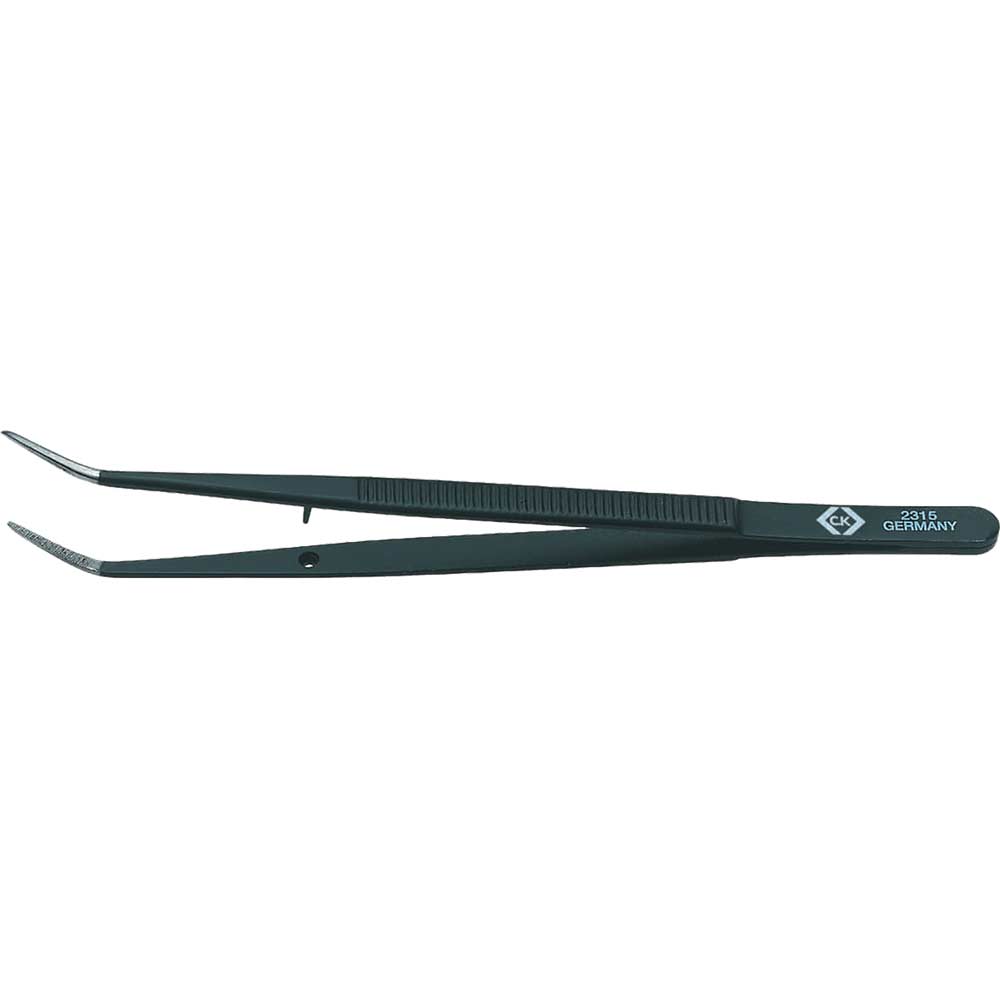 Image of CK Precision Universal Bent Fine Tip Black Coated Tweezers
