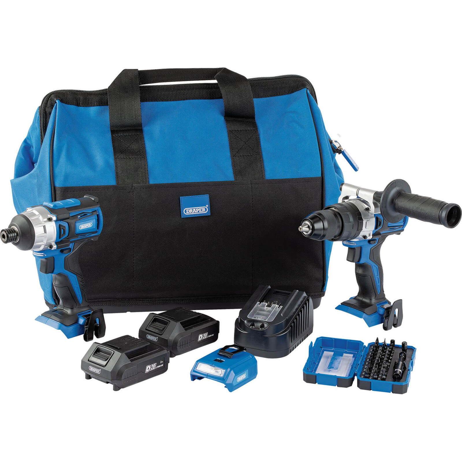Draper 4 Piece 20v D20 Cordless Fix N Go Power Tool Kit 2 x 2ah Li-ion Charger Bag & Accessories
